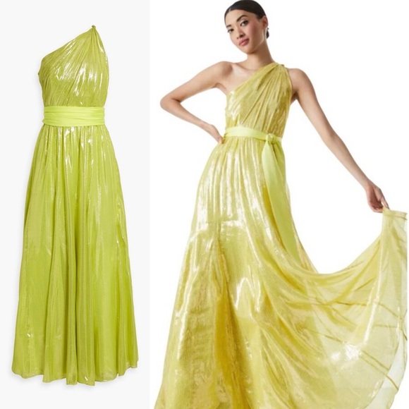 Alice & Olivia Milan One-Shoulder Gathered Metallic Gown in Lemon Sorbet - 4 - Picture 3 of 15
